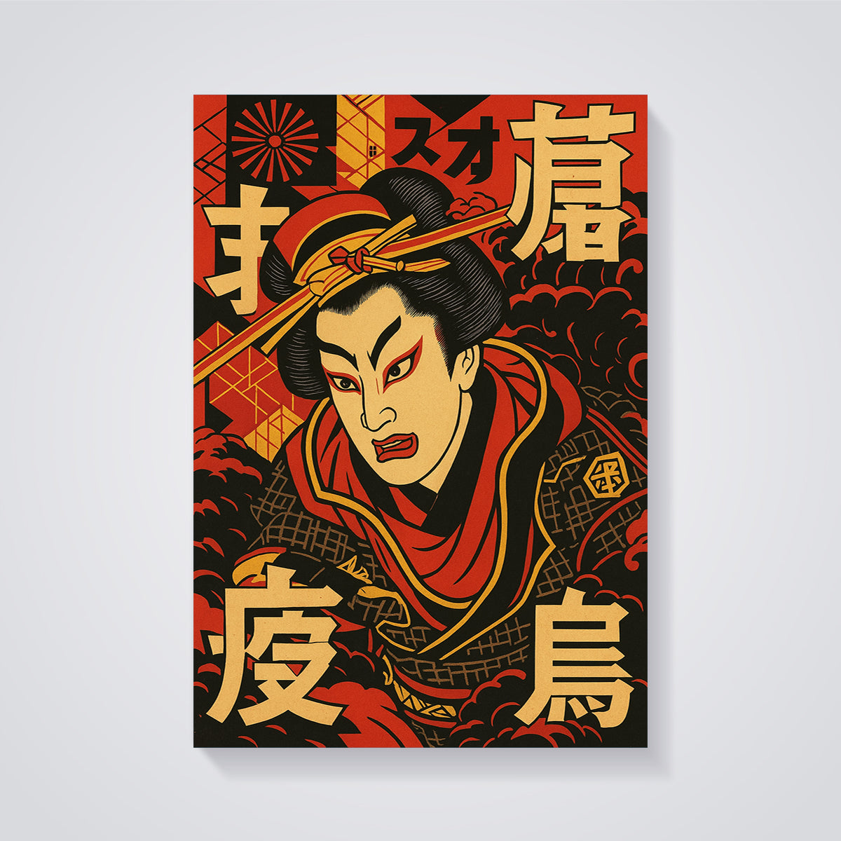 Dynamic Kabuki Actor Print unframed on a grey background