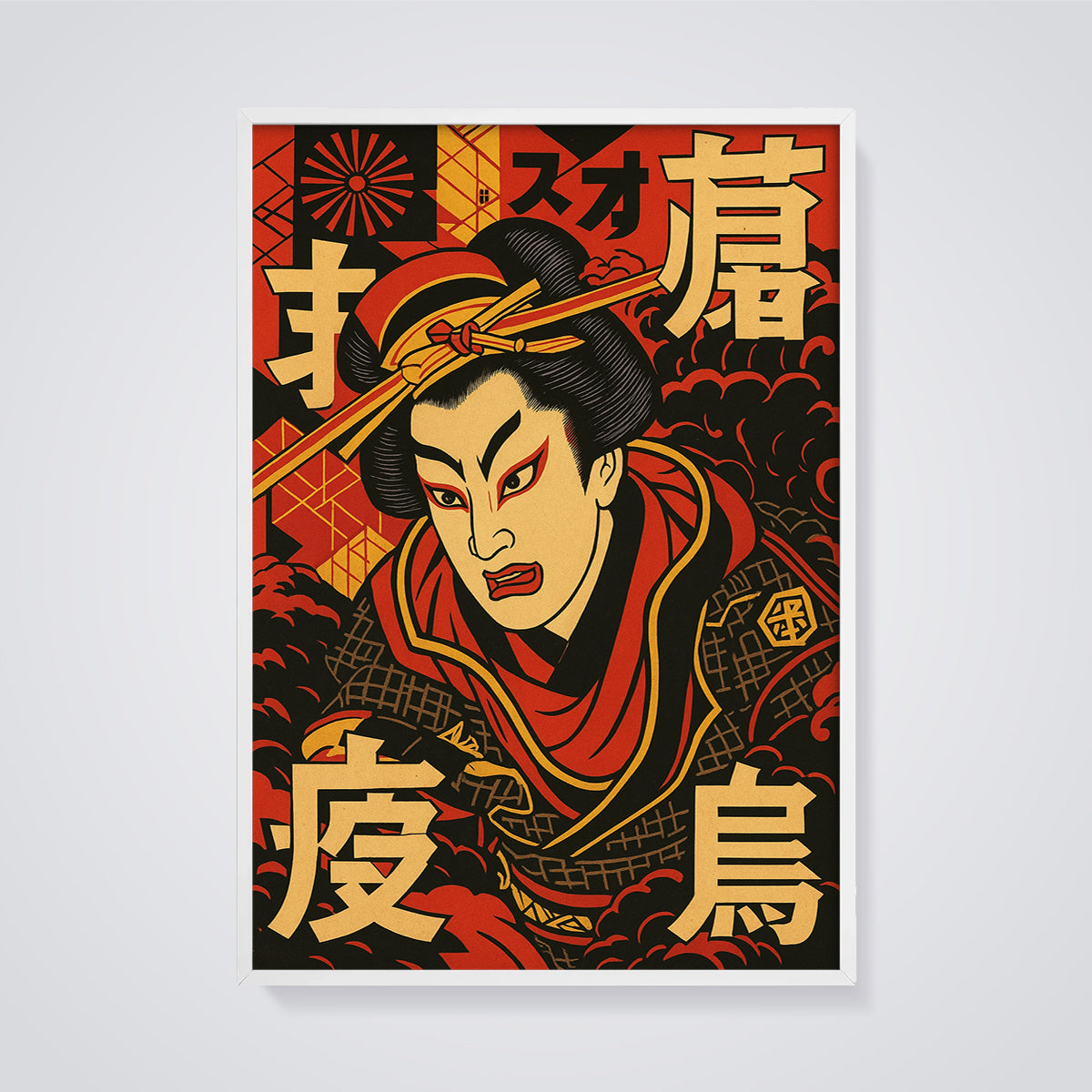 Dynamic Kabuki Actor Print framed in white on a grey background