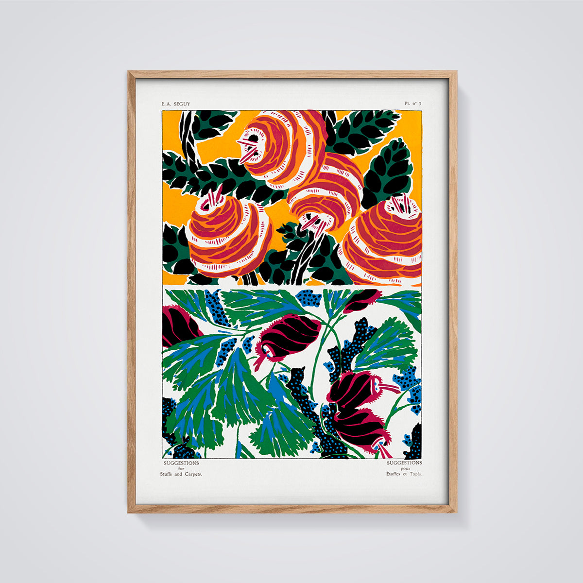 E. A. Seguy Abstract Botanical Patterns Print framed in oak on a grey background