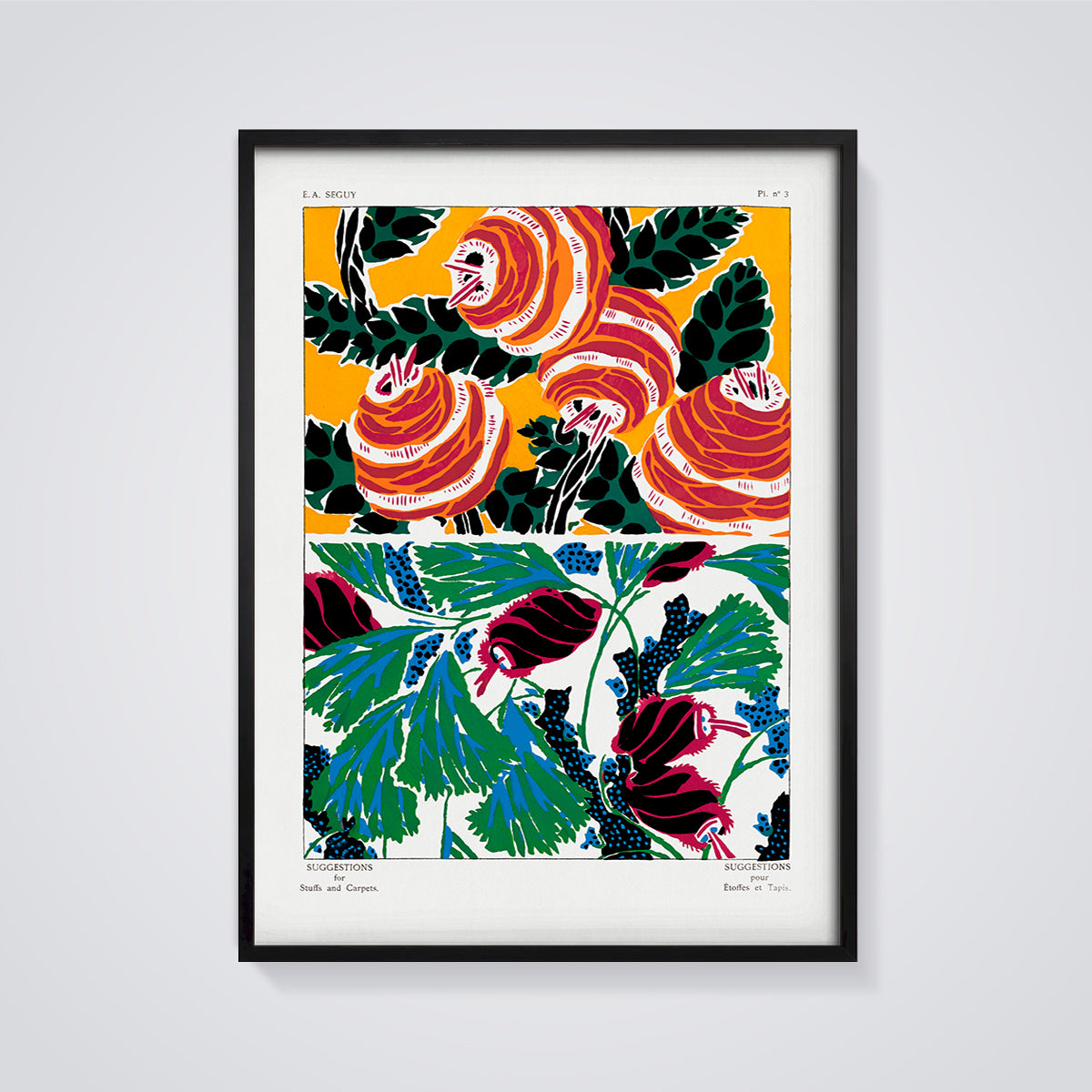 E. A. Seguy Abstract Botanical Patterns Print framed in black on a grey background