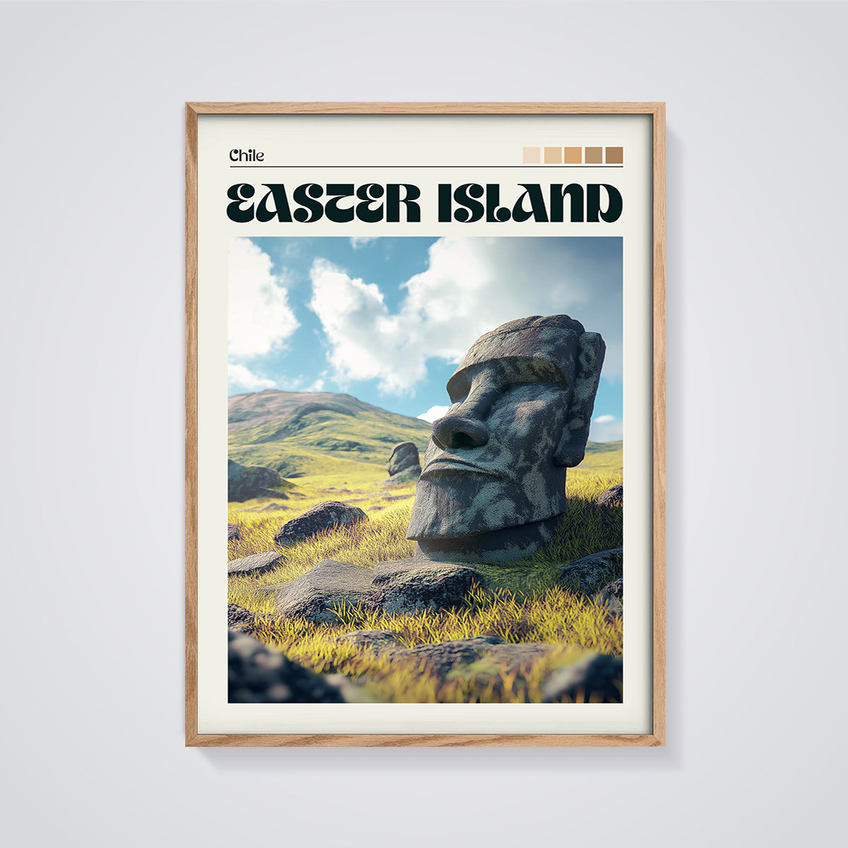 Easter Island Moai Statue Print framed in oak on a grey background