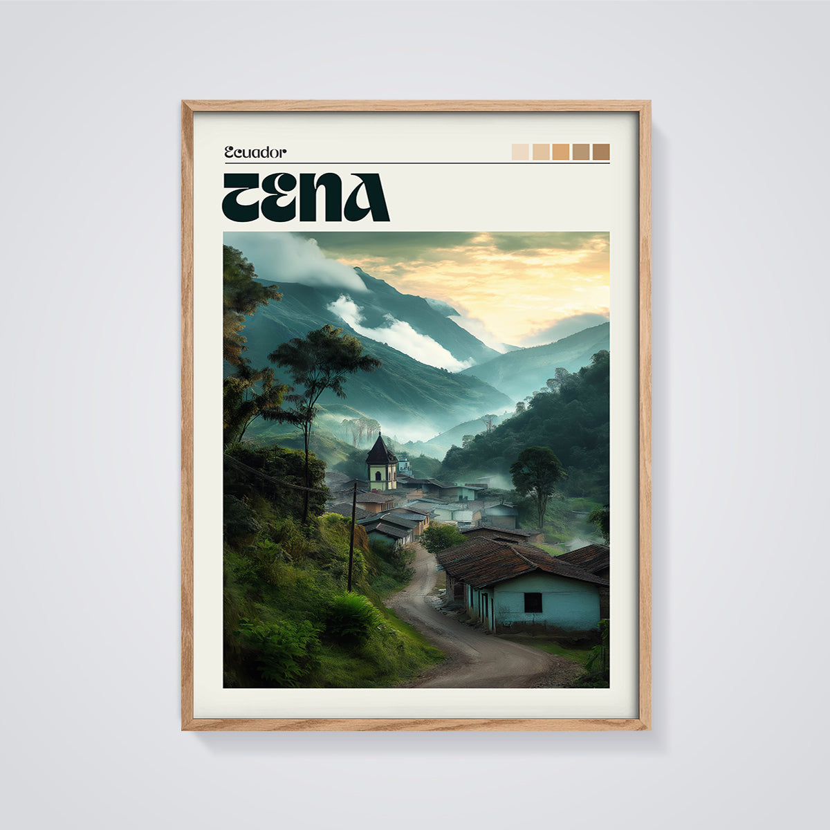 Ecuador Cena Mountain Village Print framed in oak on a grey background
