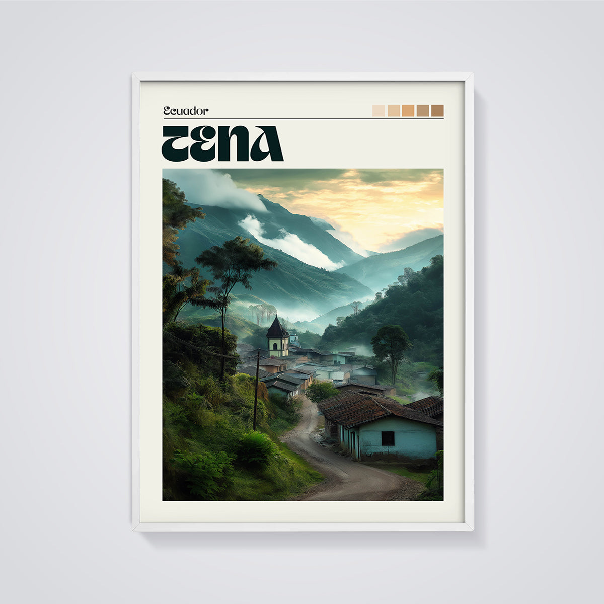 Ecuador Cena Mountain Village Print framed in white on a grey background