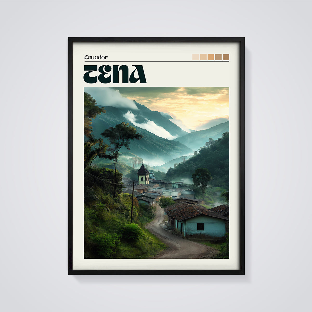 Ecuador Cena Mountain Village Print framed in black on a grey background