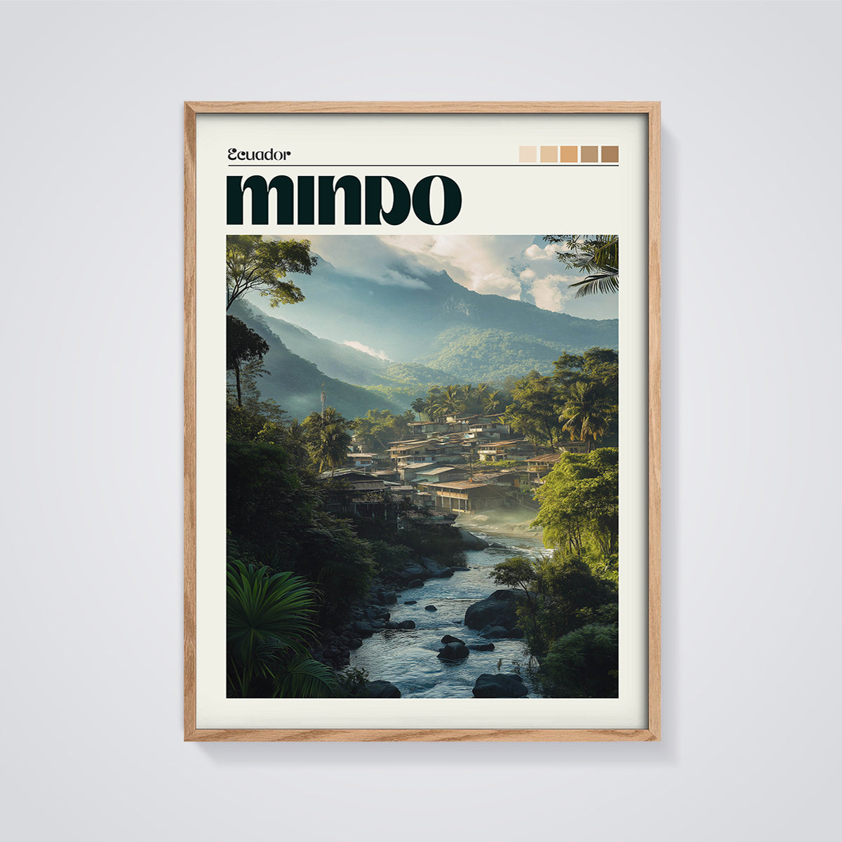 Ecuador Mindo Valley Print framed in oak on a grey background
