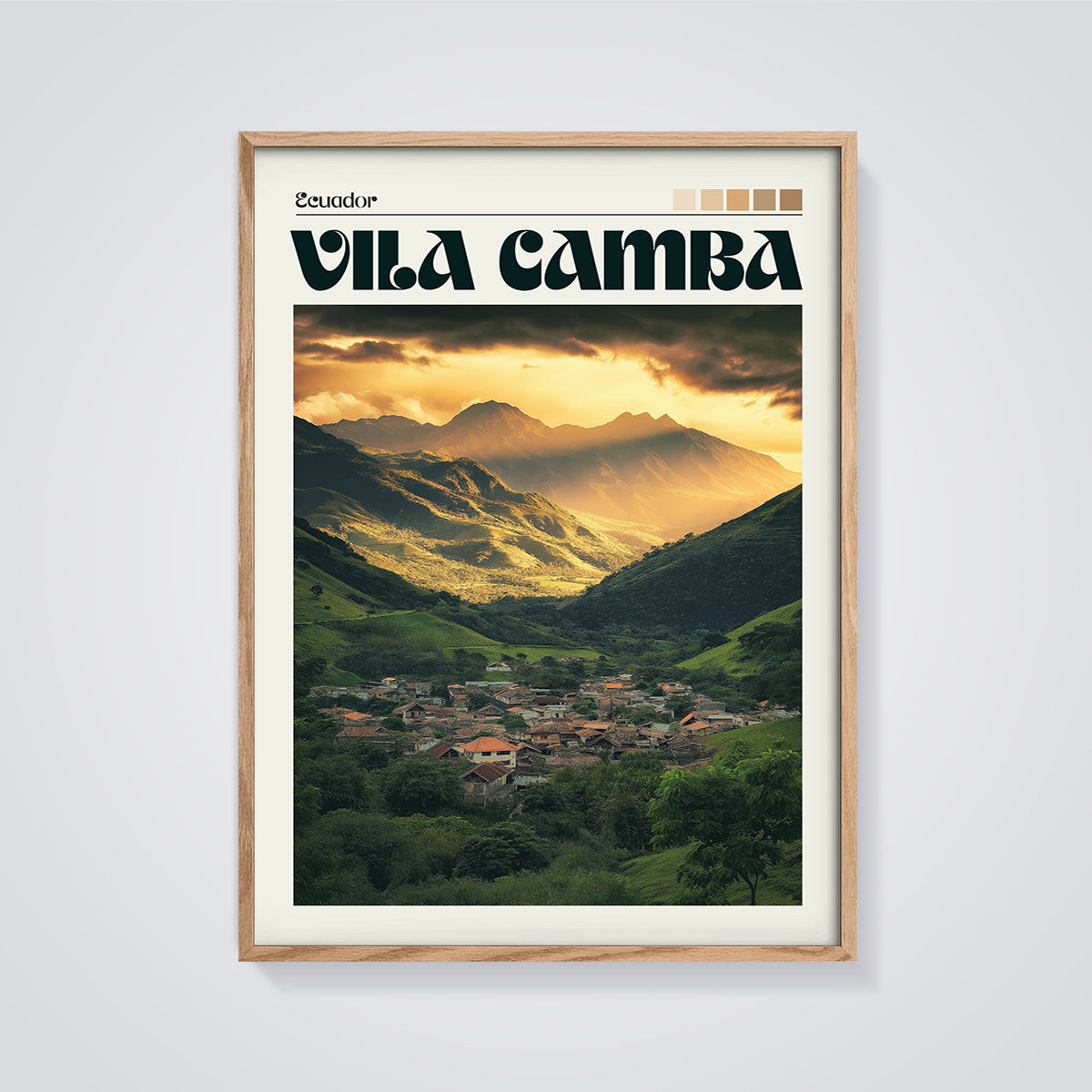 Ecuador Vila Camba Valley Print framed in oak on a grey background