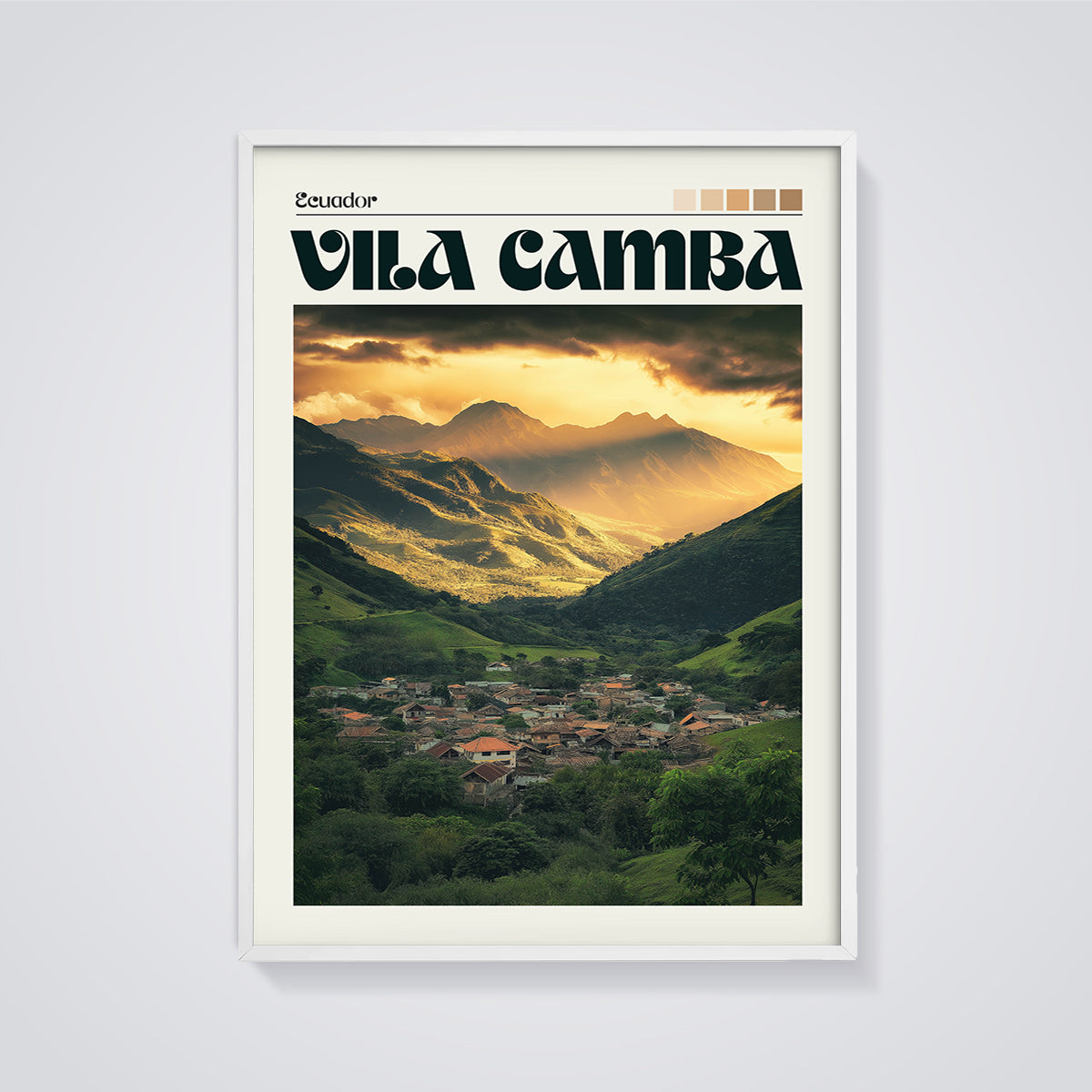 Ecuador Vila Camba Valley Print framed in white on a grey background