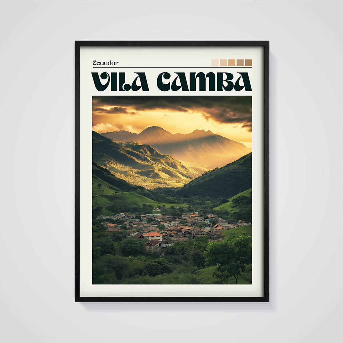 Ecuador Vila Camba Valley Print framed in black on a grey background