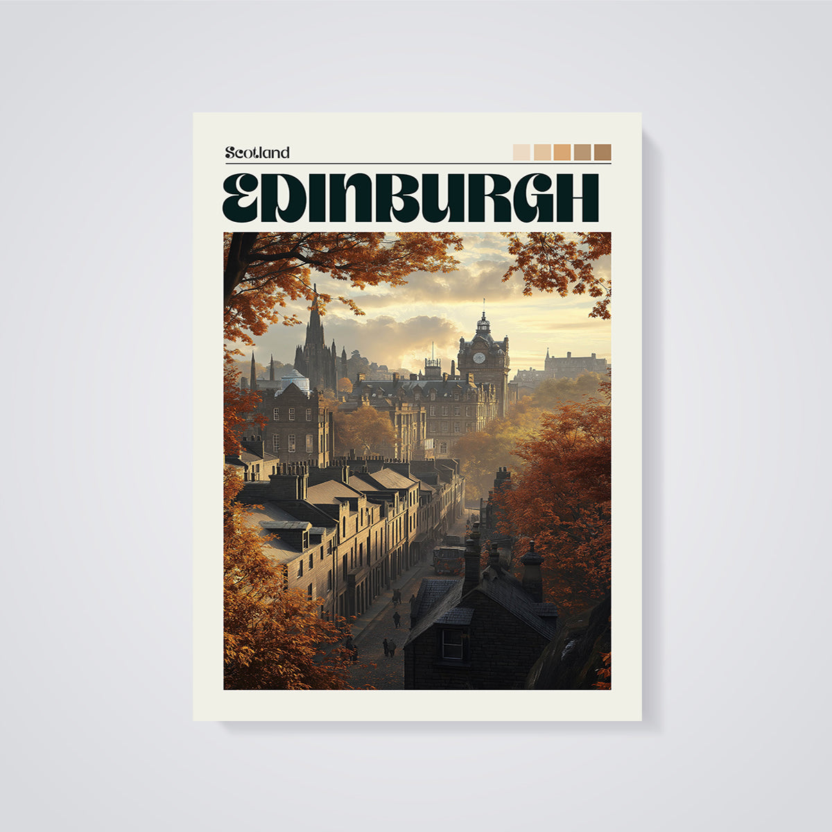 Edinburgh Autumn Cityscape Print unframed on a grey background