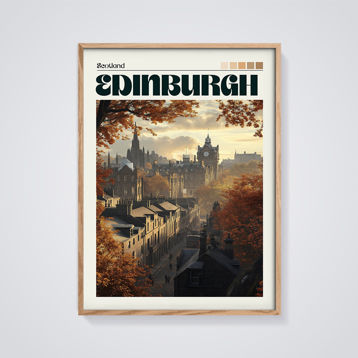 Edinburgh Autumn Cityscape Print framed in oak on a grey background