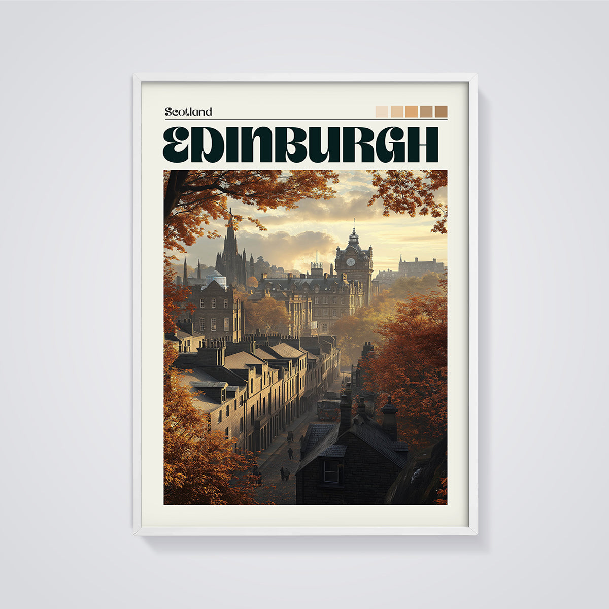 Edinburgh Autumn Cityscape Print framed in white on a grey background