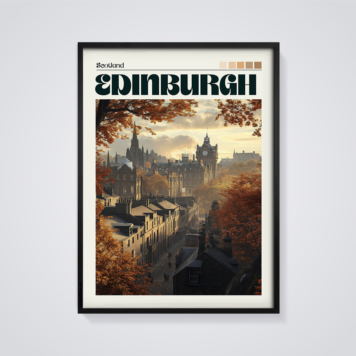 Edinburgh Autumn Cityscape Print framed in black on a grey background