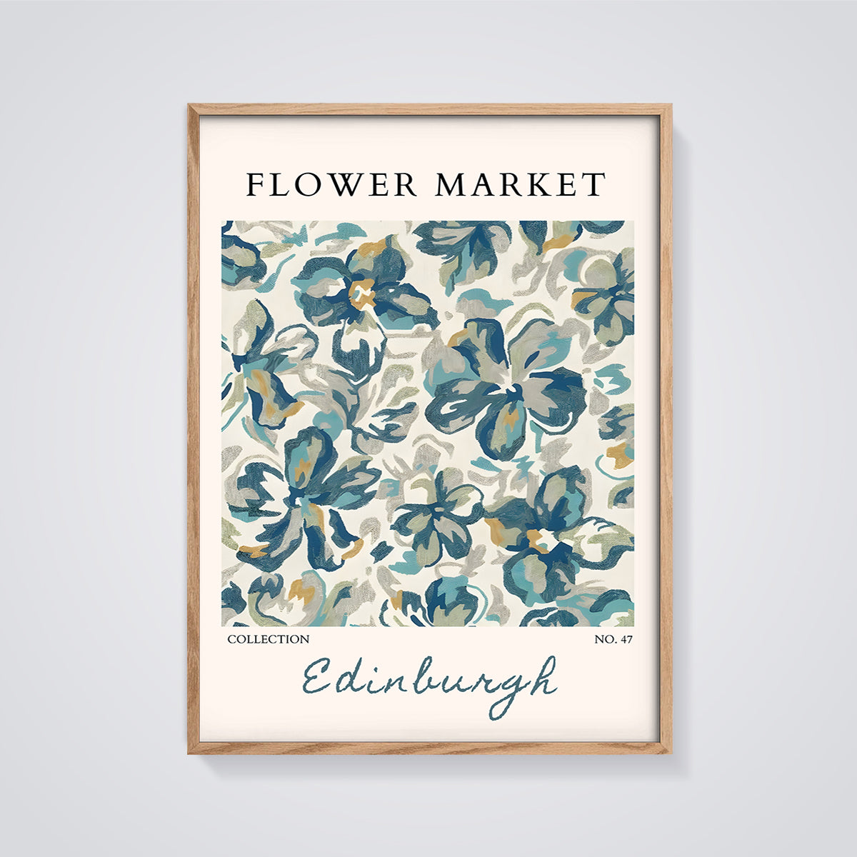 Edinburgh Flower Market Floral Print framed in oak on a grey background