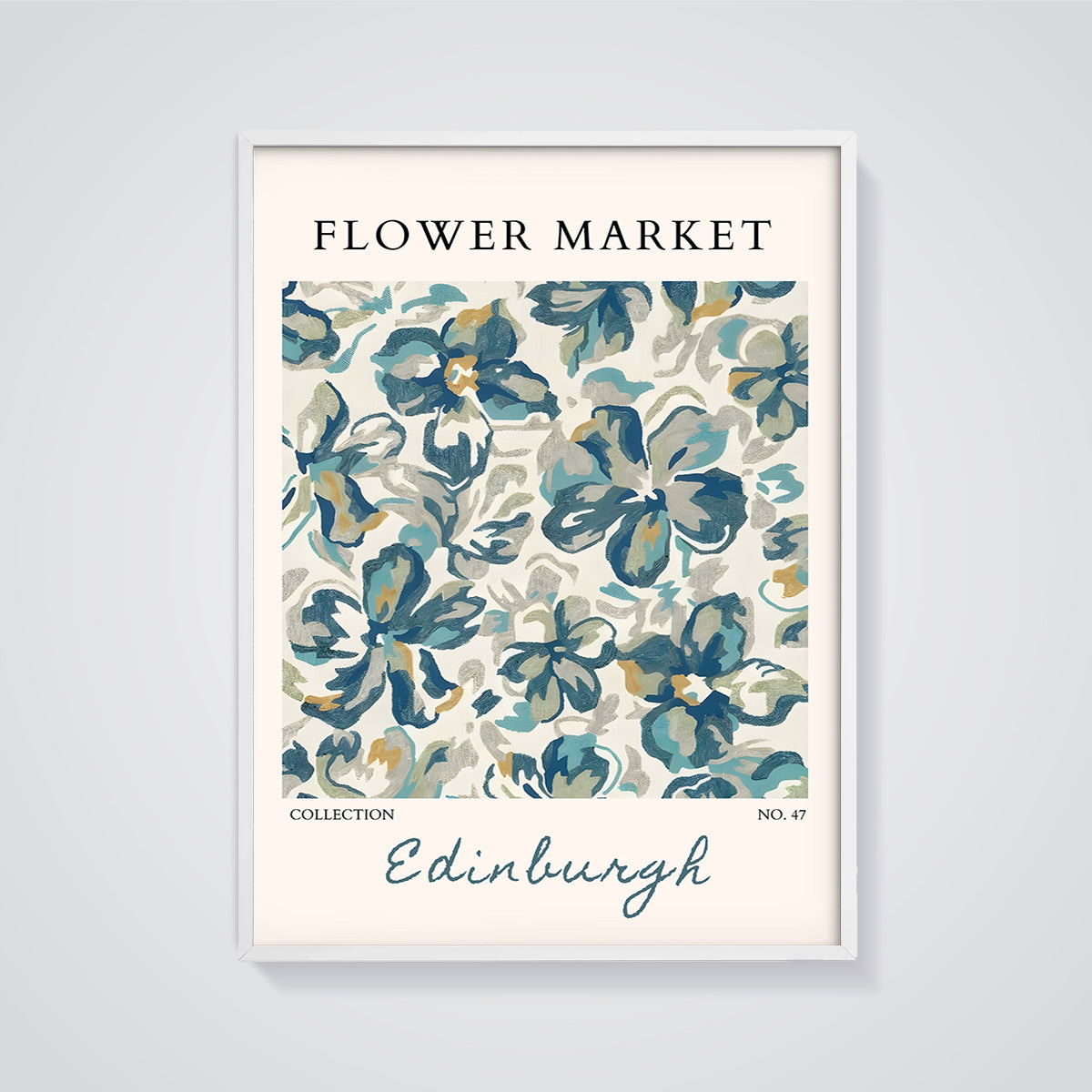 Edinburgh Flower Market Floral Print framed in white on a grey background