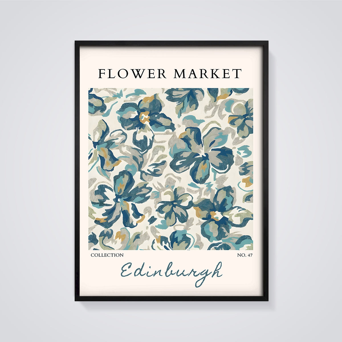 Edinburgh Flower Market Floral Print framed in black on a grey background