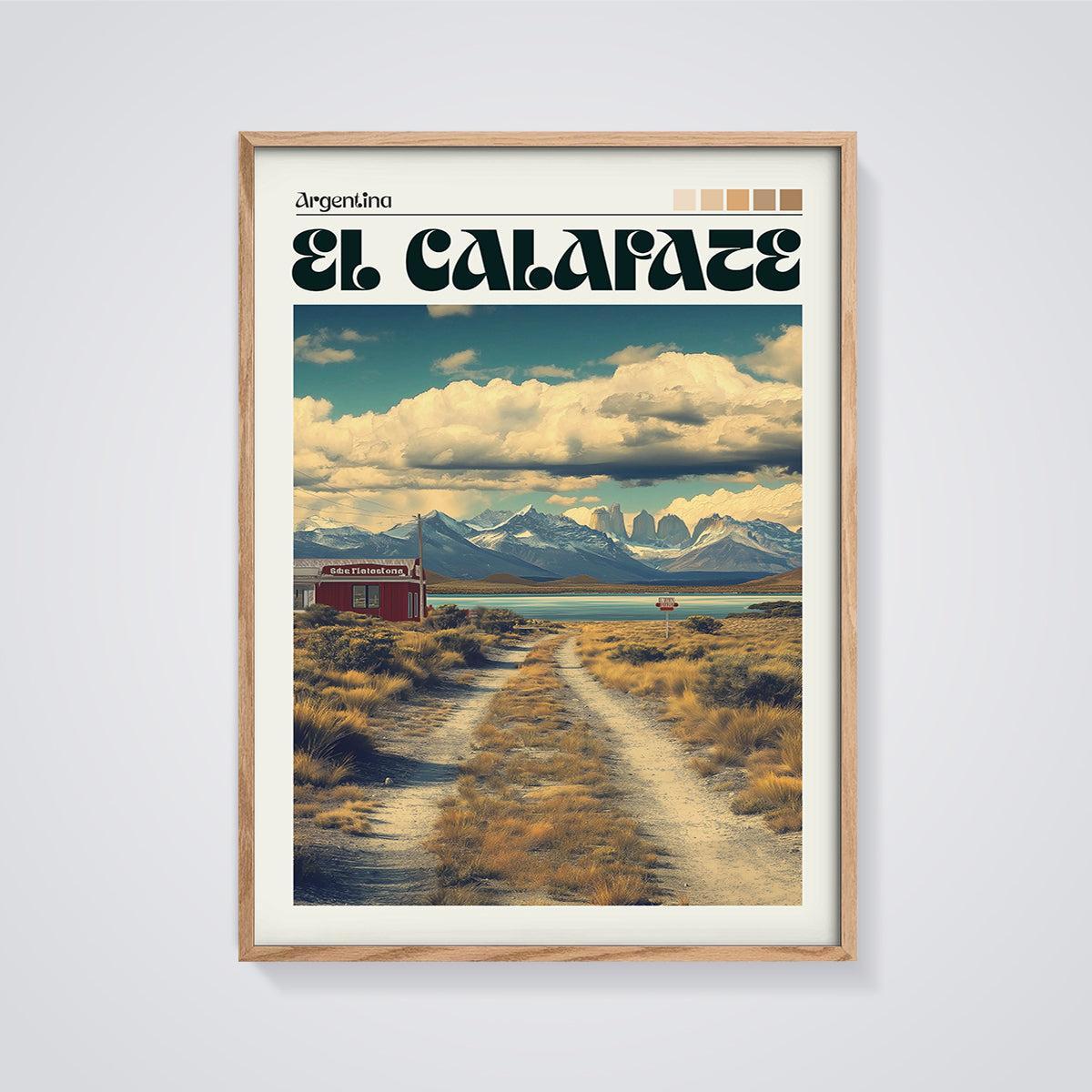 El Calafate Patagonia Landscape Print framed in oak on a grey background