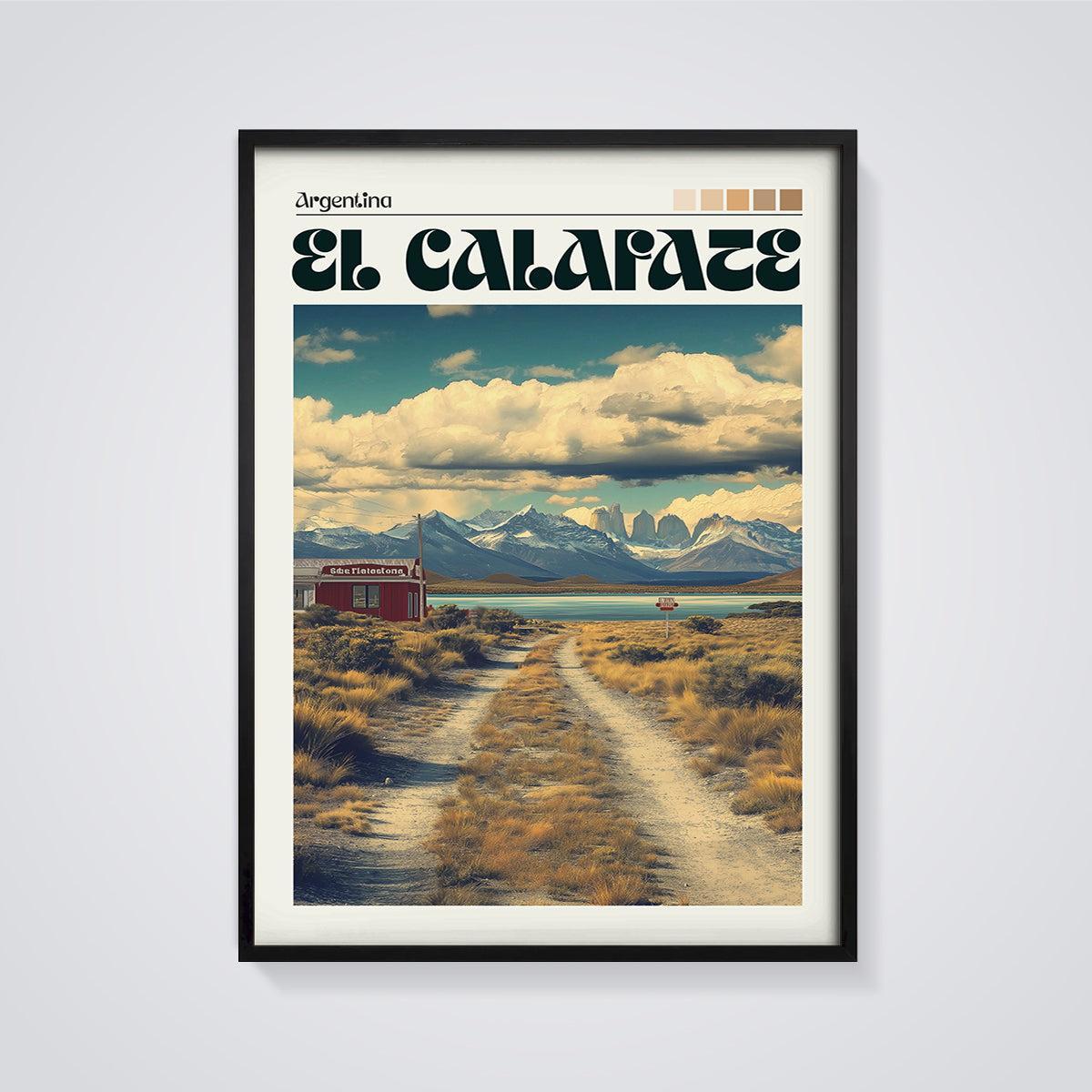 El Calafate Patagonia Landscape Print framed in black on a grey background