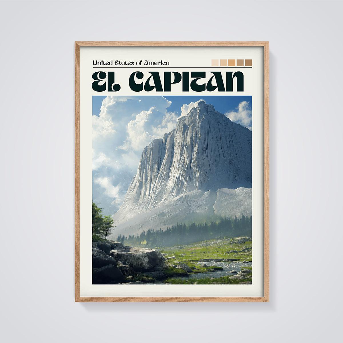 El Capitan Mountain Print framed in oak on a grey background