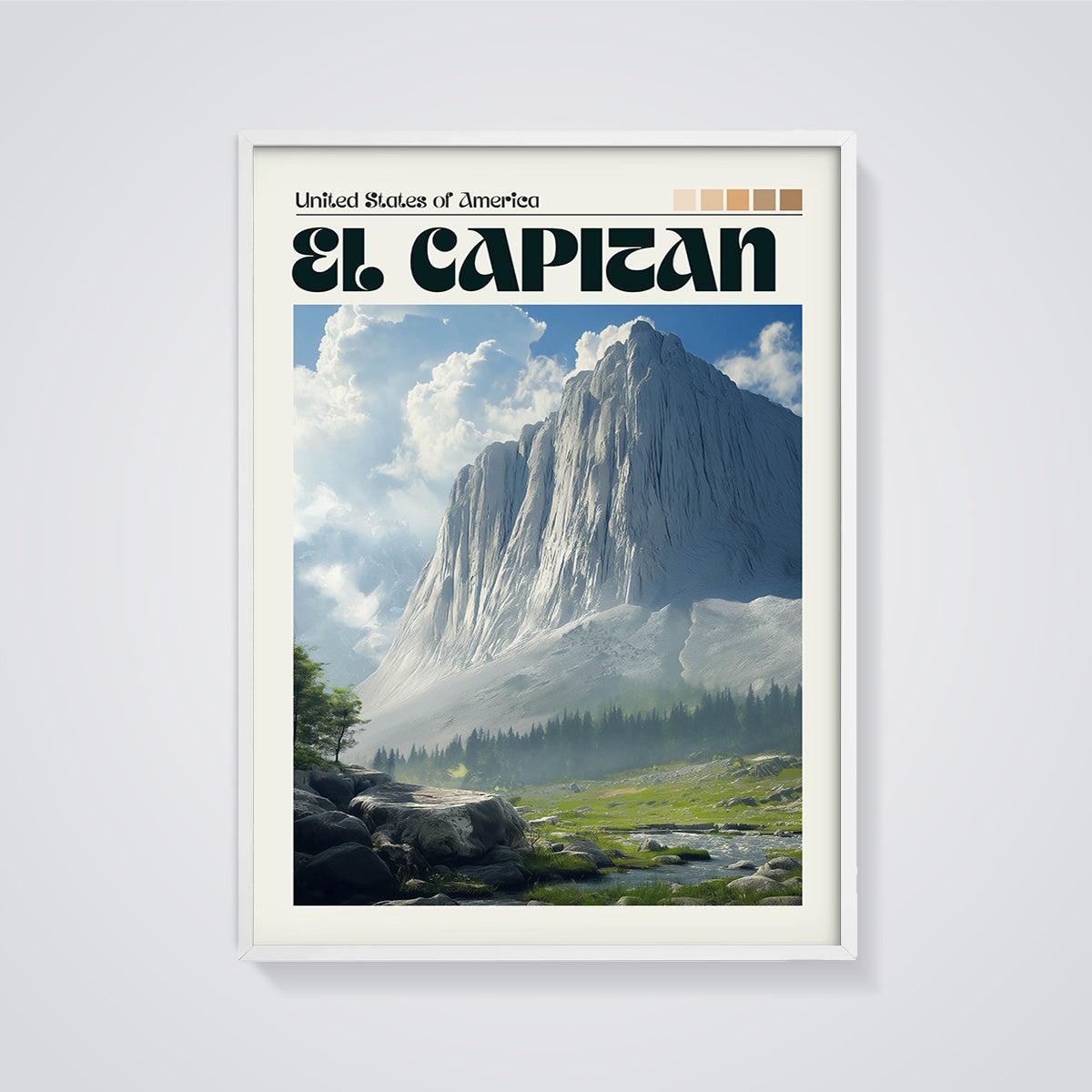 El Capitan Mountain Print framed in white on a grey background