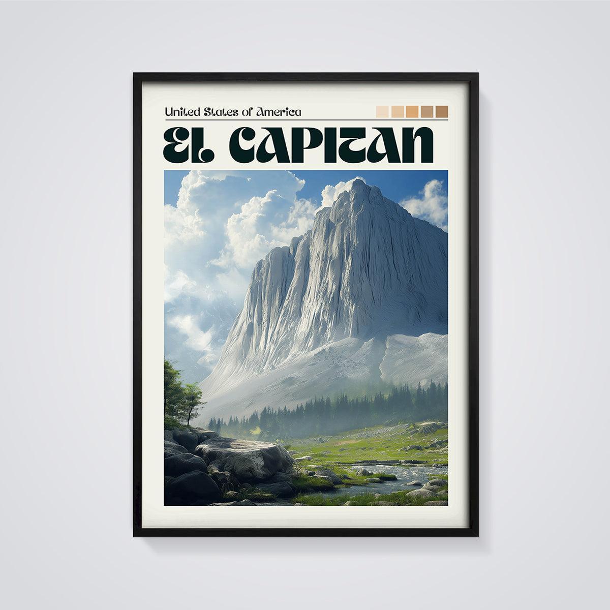 El Capitan Mountain Print framed in black on a grey background