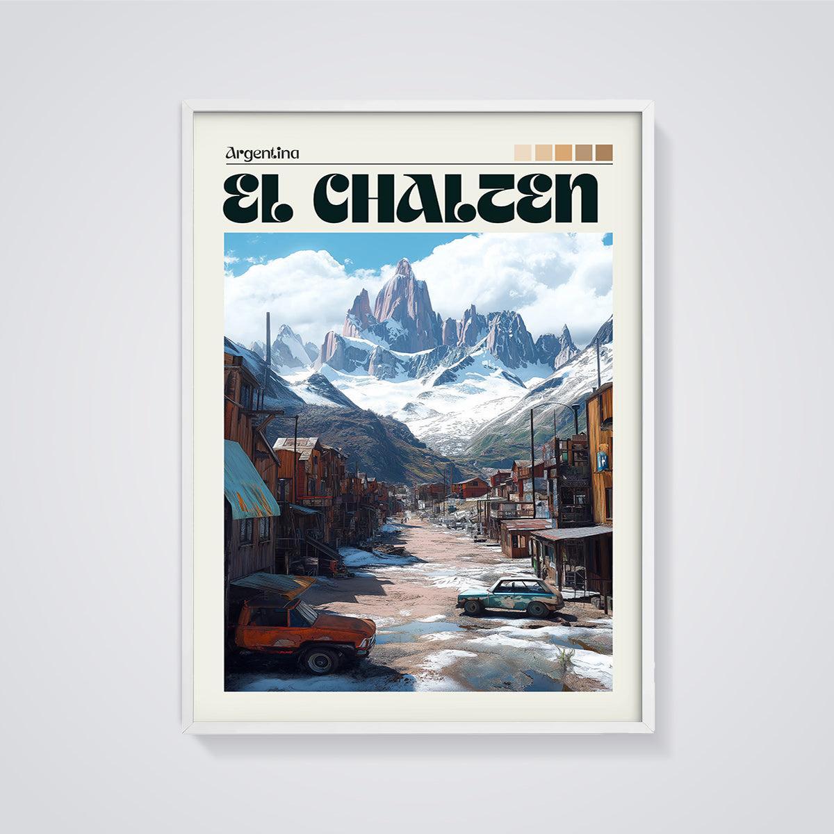 El Chalten Argentina Print framed in white on a grey background