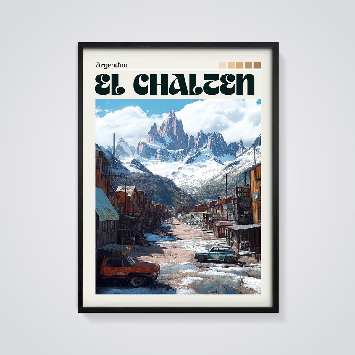 El Chalten Argentina Print framed in black on a grey background