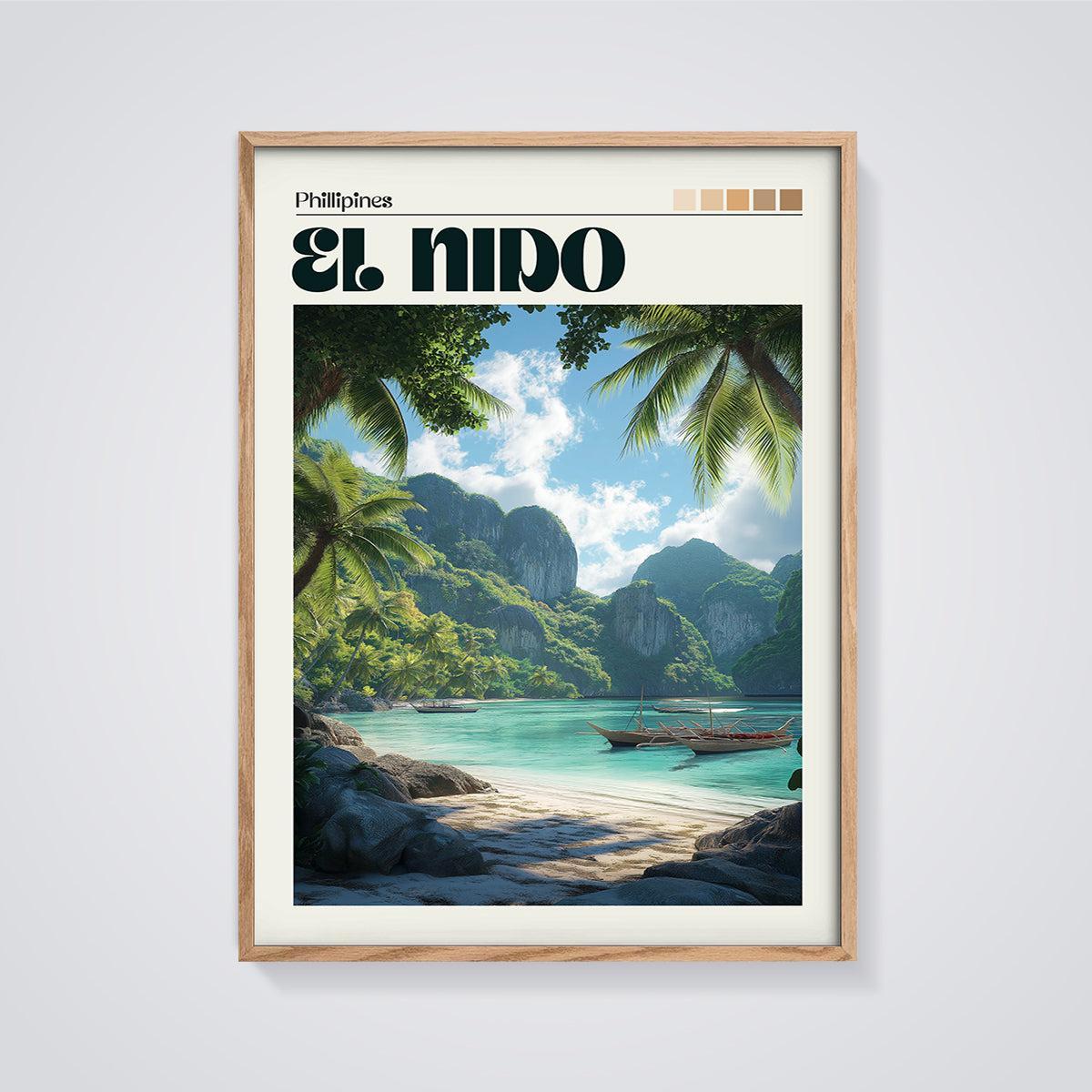 El Nido Philippines Beach Print framed in oak on a grey background