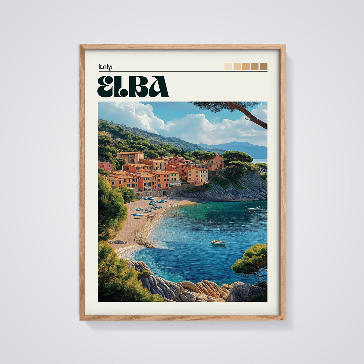 Elba Coastal Village Print framed in oak on a grey background