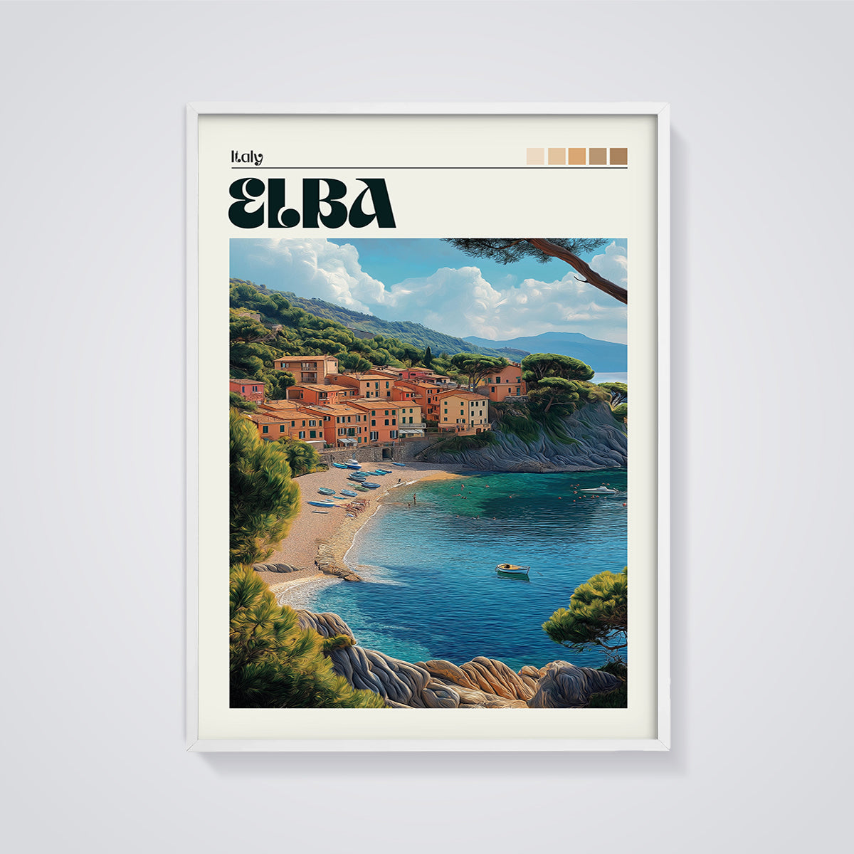 Elba Coastal Village Print framed in white on a grey background