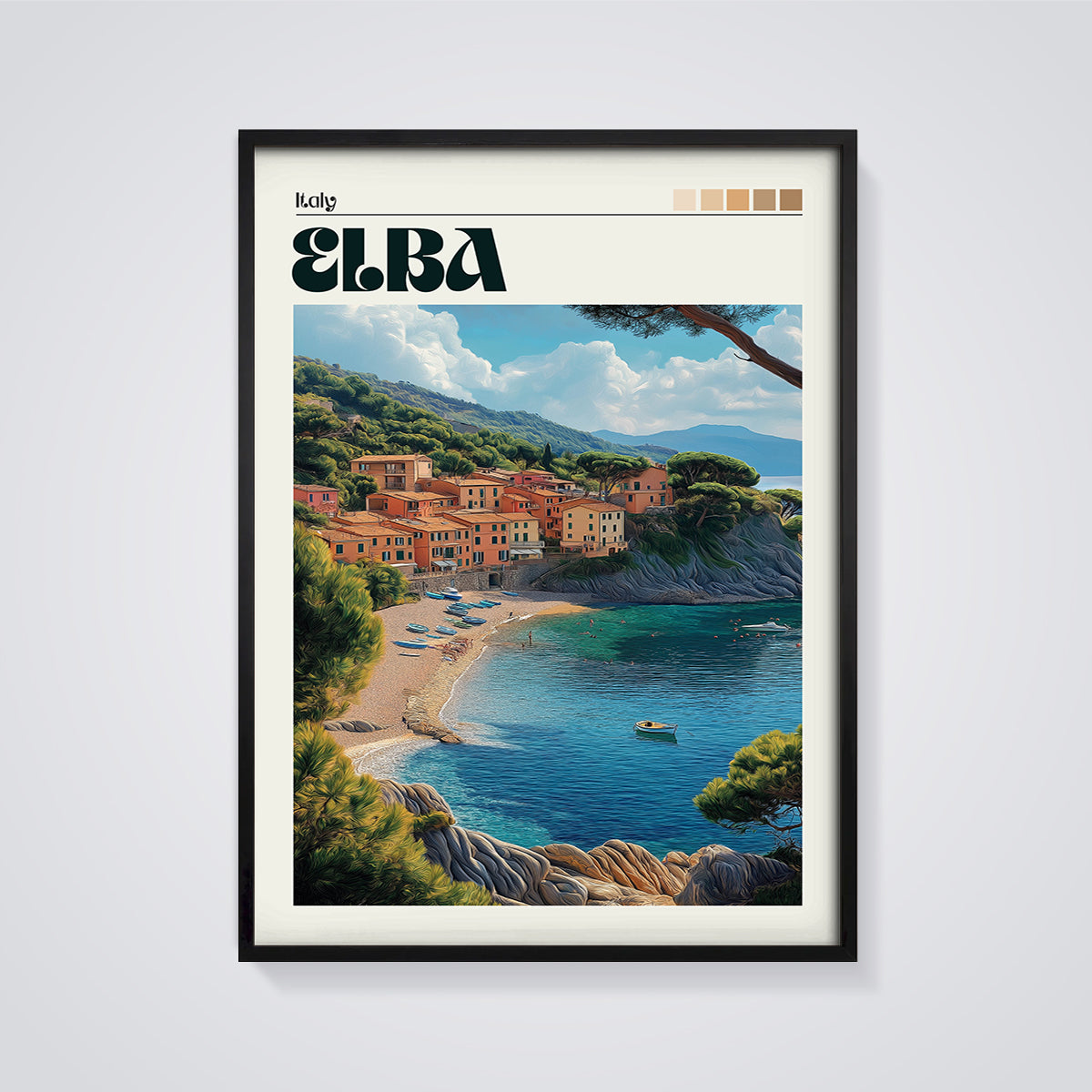 Elba Coastal Village Print framed in black on a grey background