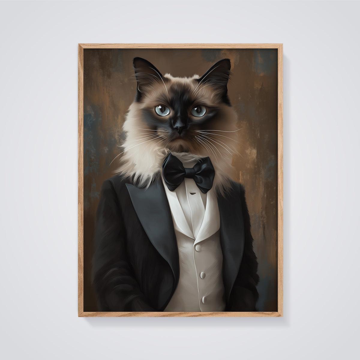 Elegant Tuxedo Cat Print framed in oak on a grey background