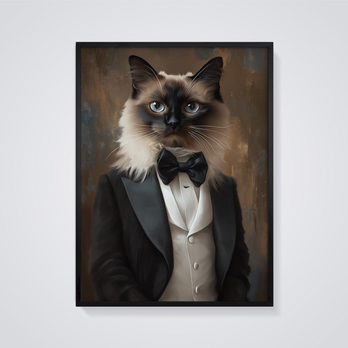 Elegant Tuxedo Cat Print framed in black on a grey background