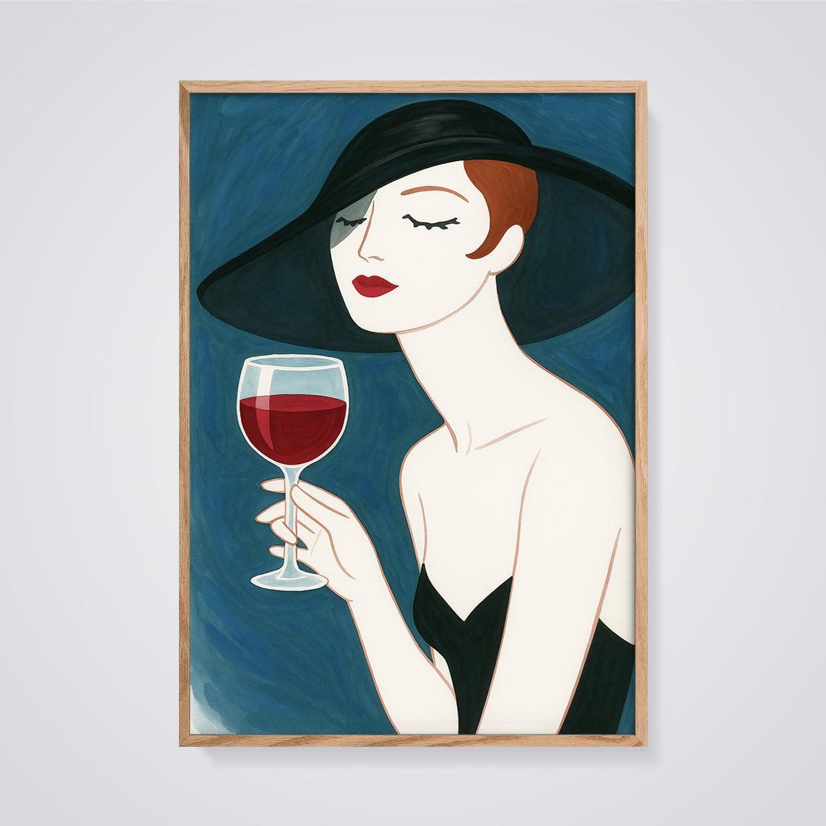 Elegant Woman with Wine Print framed in oak on a grey background