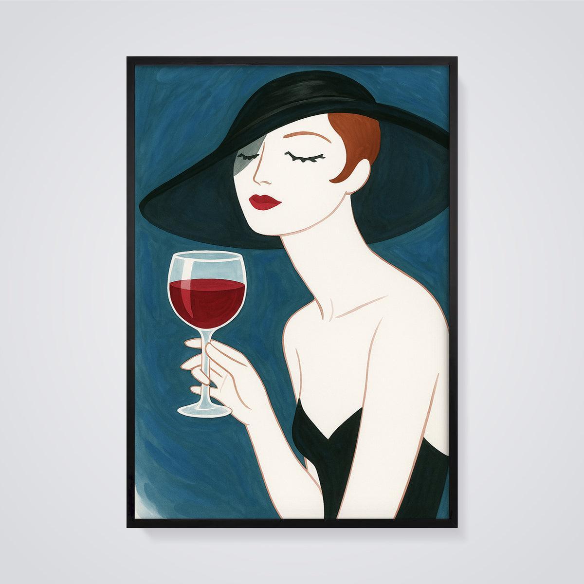 Elegant Woman with Wine Print framed in black on a grey background