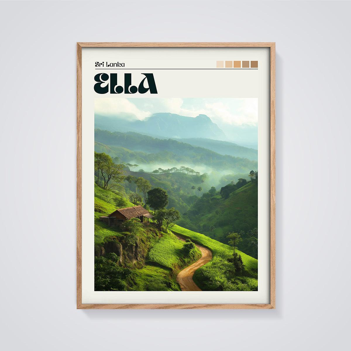 Ella Sri Lanka Misty Mountains Print framed in oak on a grey background