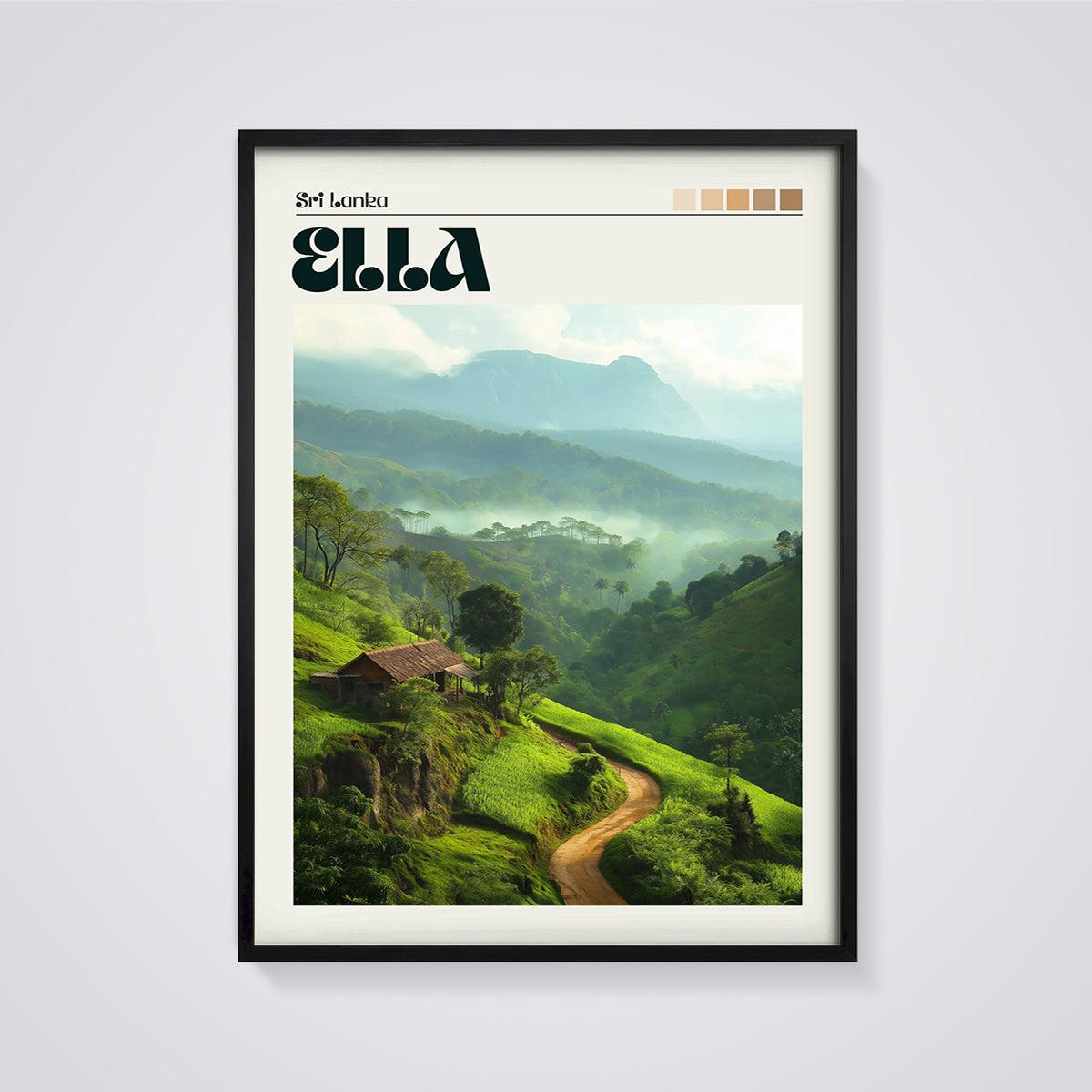 Ella Sri Lanka Misty Mountains Print framed in black on a grey background