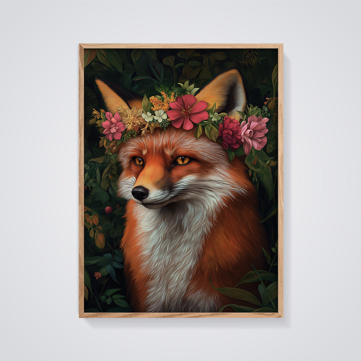 Enchanted Fox Floral Crown Print framed in oak on a grey background