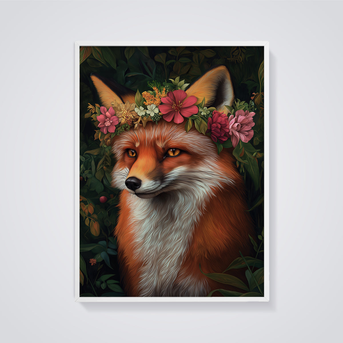 Enchanted Fox Floral Crown Print framed in white on a grey background