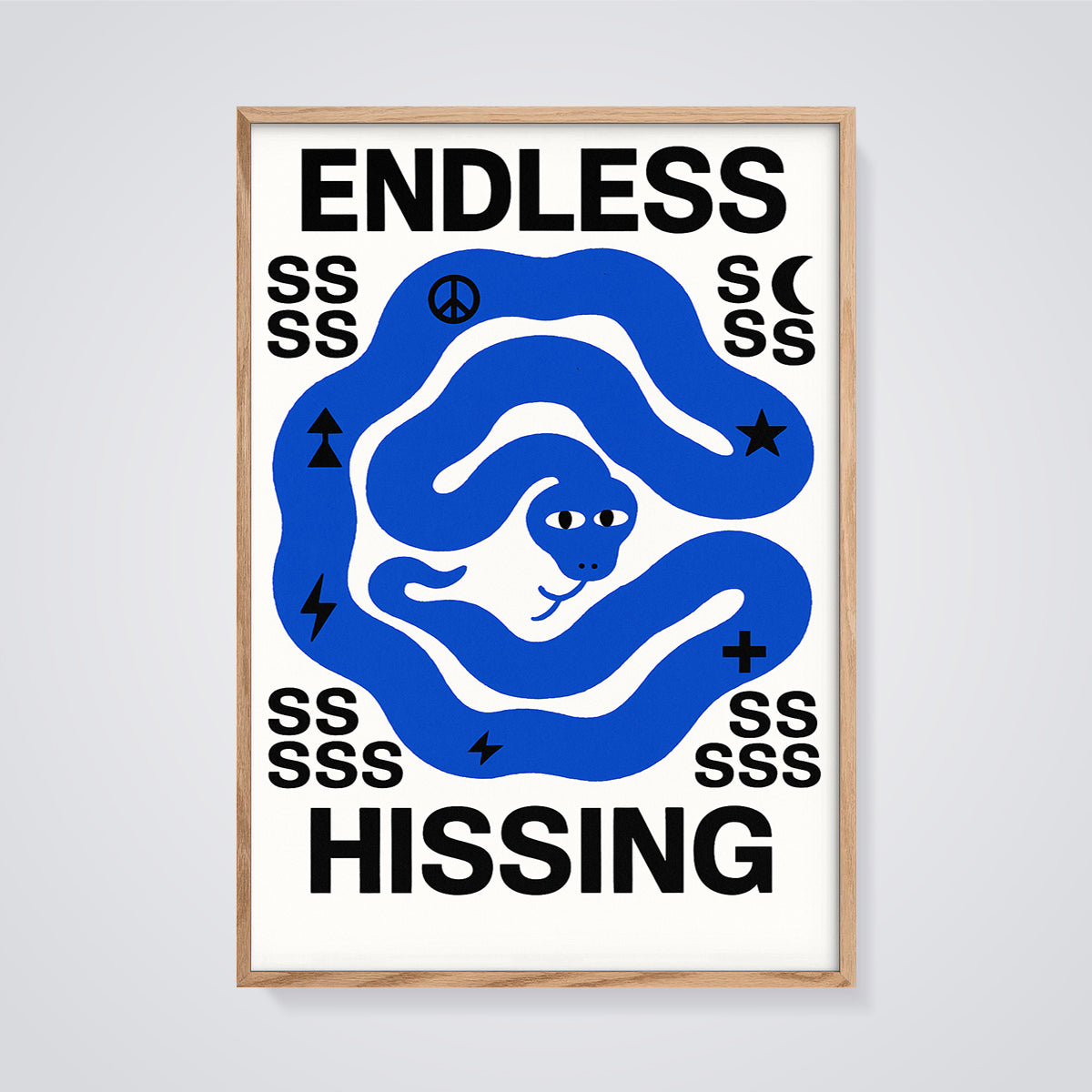 Endless Hissing Snake Print framed in oak on a grey background