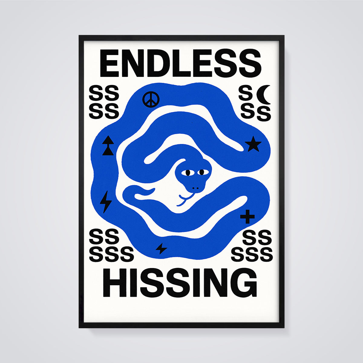 Endless Hissing Snake Print framed in black on a grey background