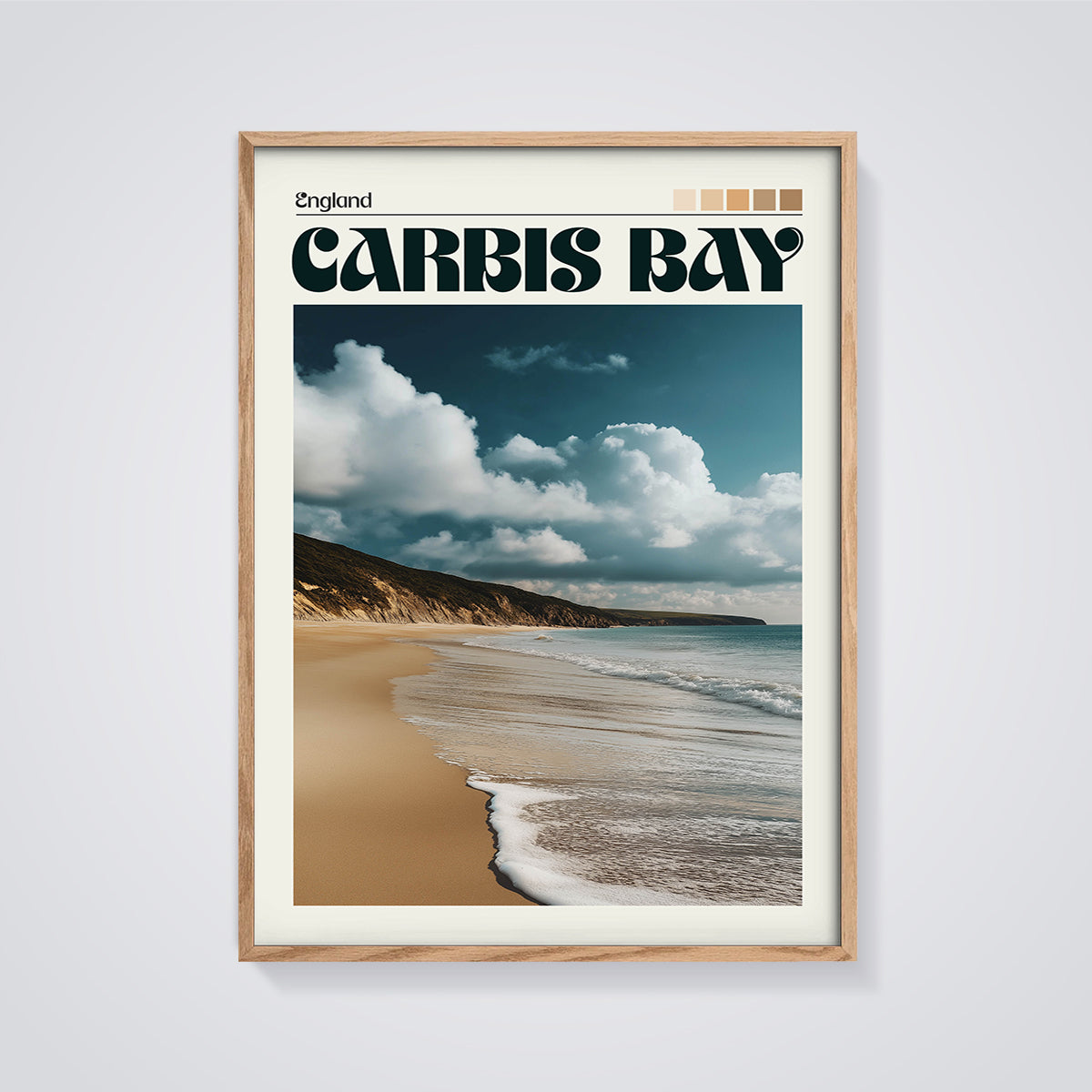 England Carbis Bay Print framed in oak on a grey background
