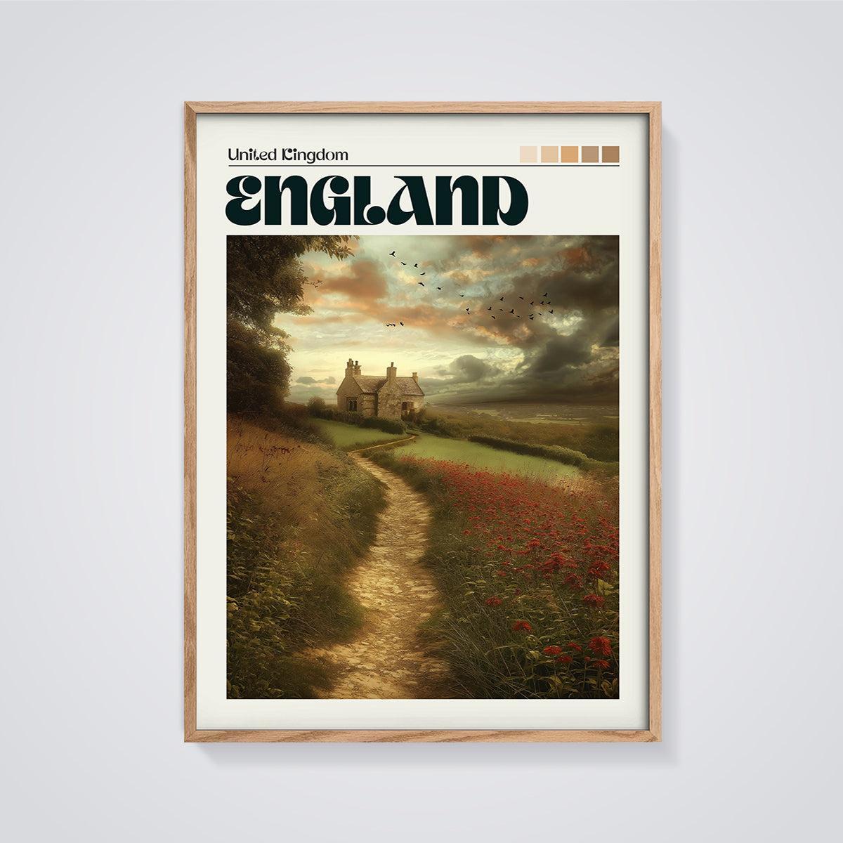 England Countryside Cottage Print framed in oak on a grey background