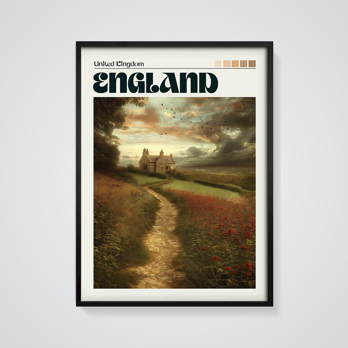 England Countryside Cottage Print framed in black on a grey background