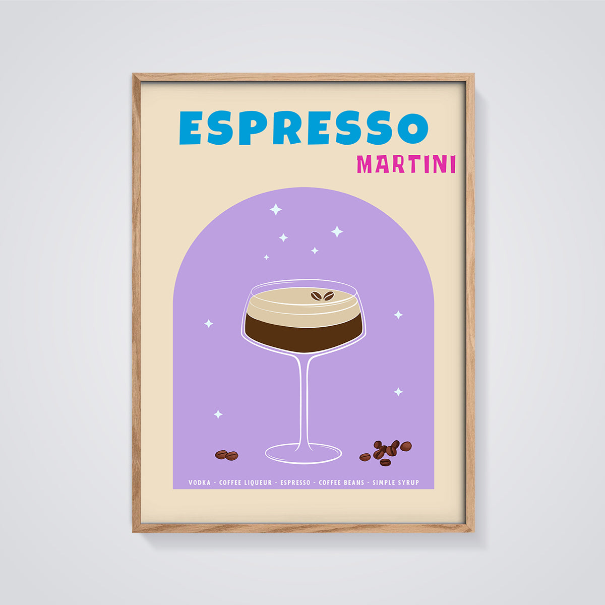 Espresso Martini Print framed in oak on a grey background