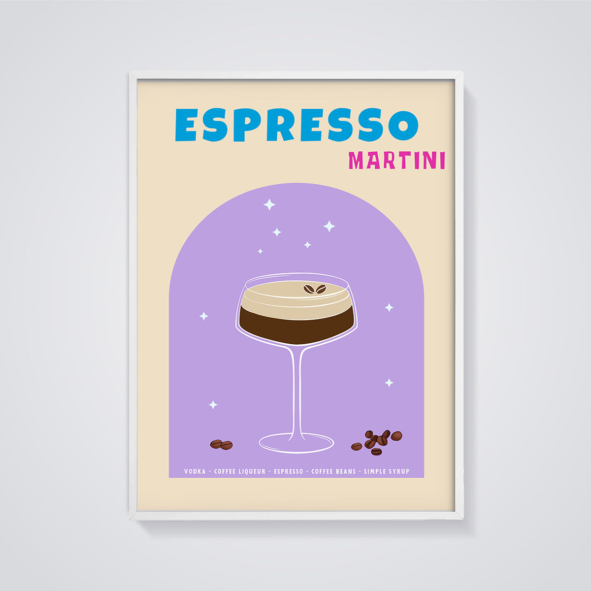 Espresso Martini Print framed in white on a grey background