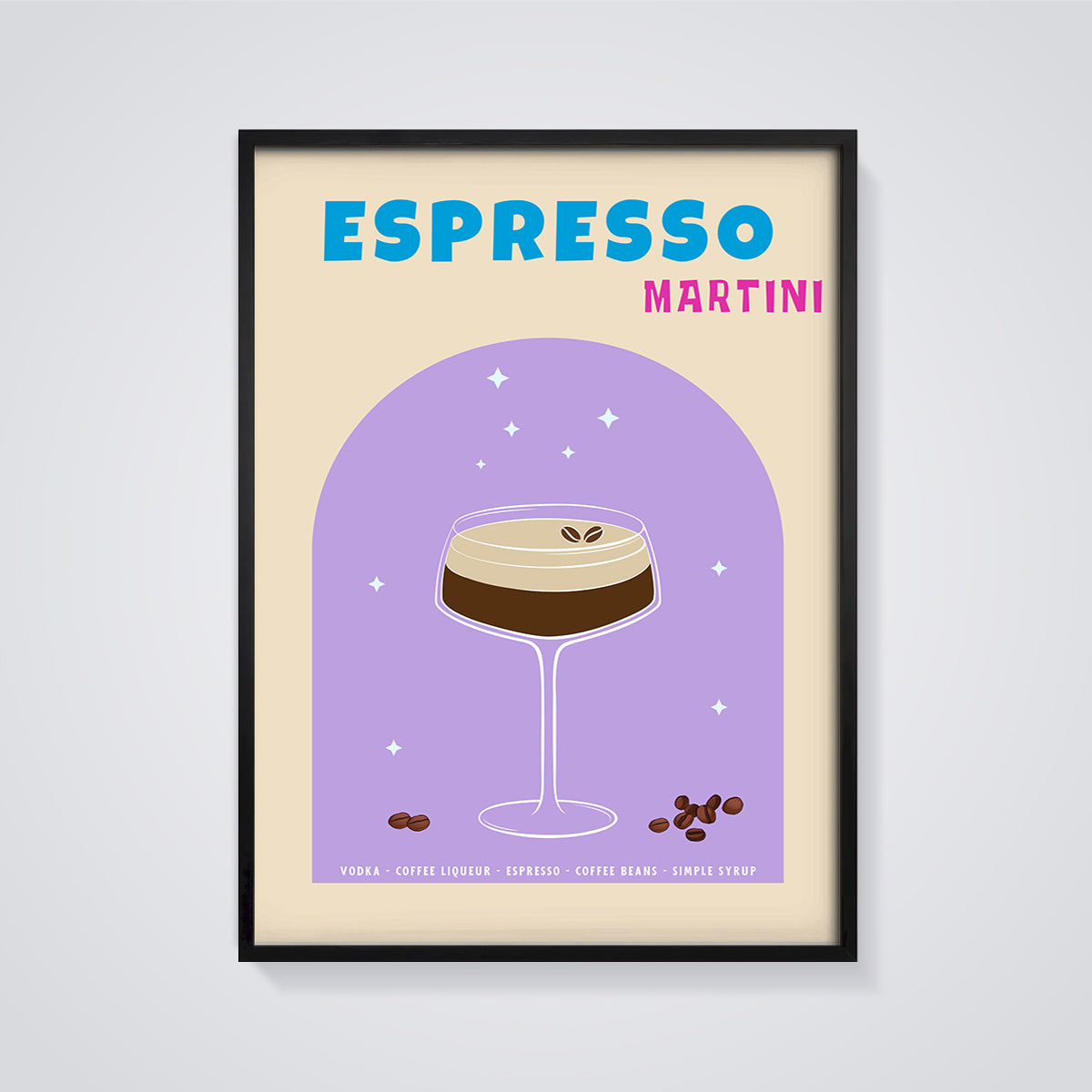 Espresso Martini Print framed in black on a grey background