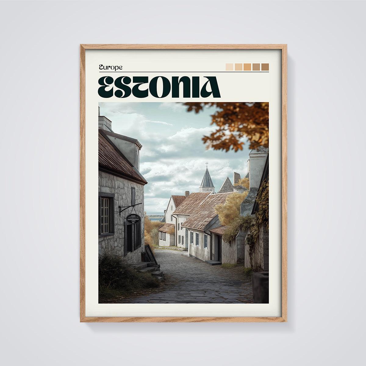 Estonia Old Town Street Print framed in oak on a grey background