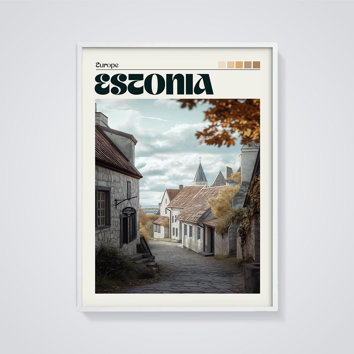 Estonia Old Town Street Print framed in white on a grey background