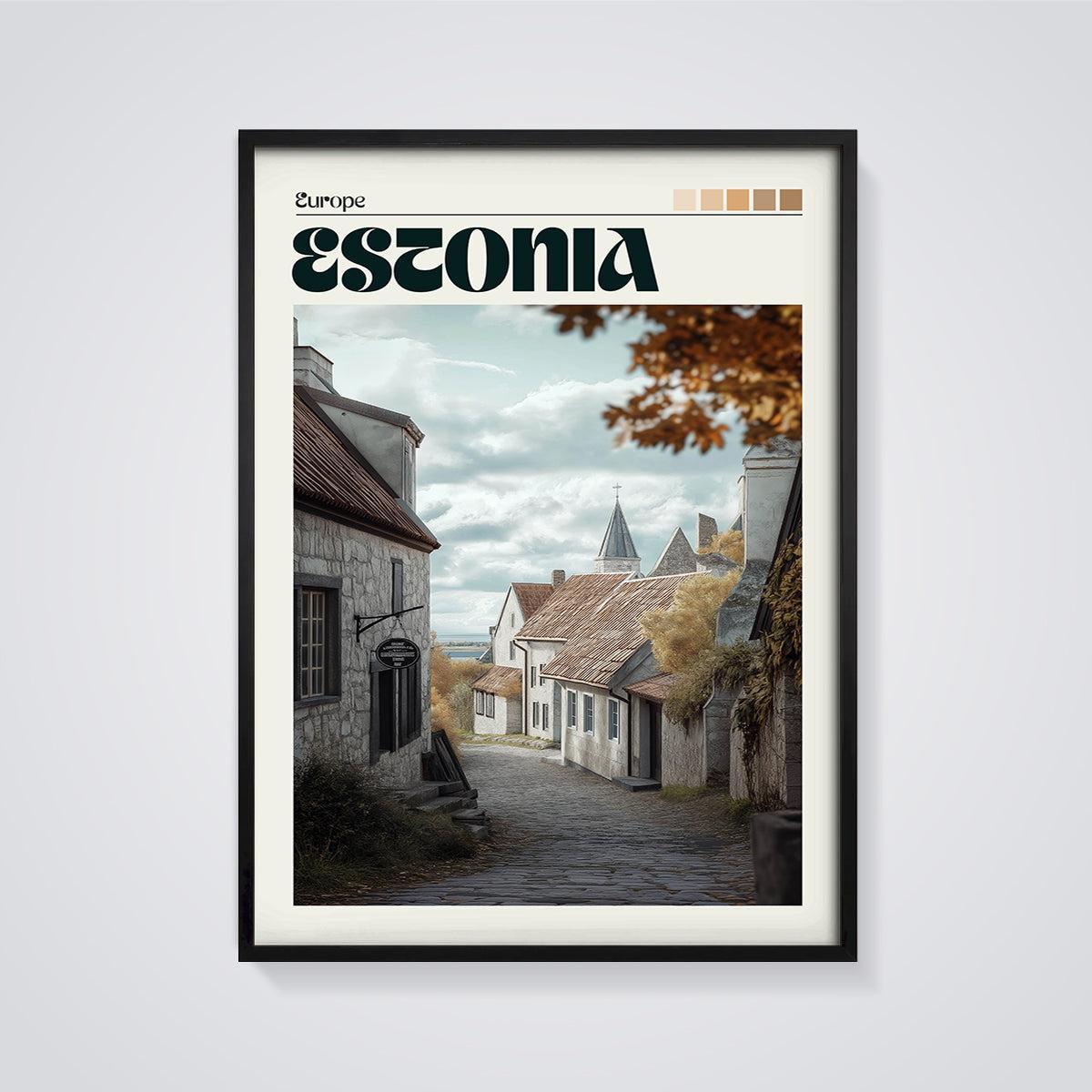Estonia Old Town Street Print framed in black on a grey background