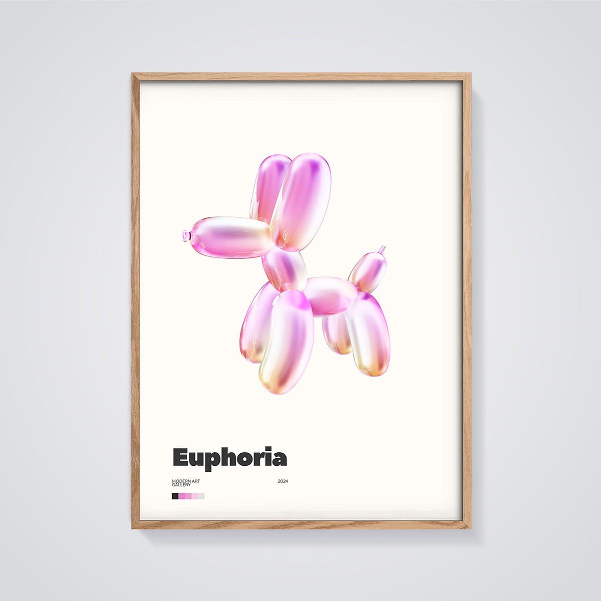 Euphoria Iridescent Balloon Dog Print framed in oak on a grey background